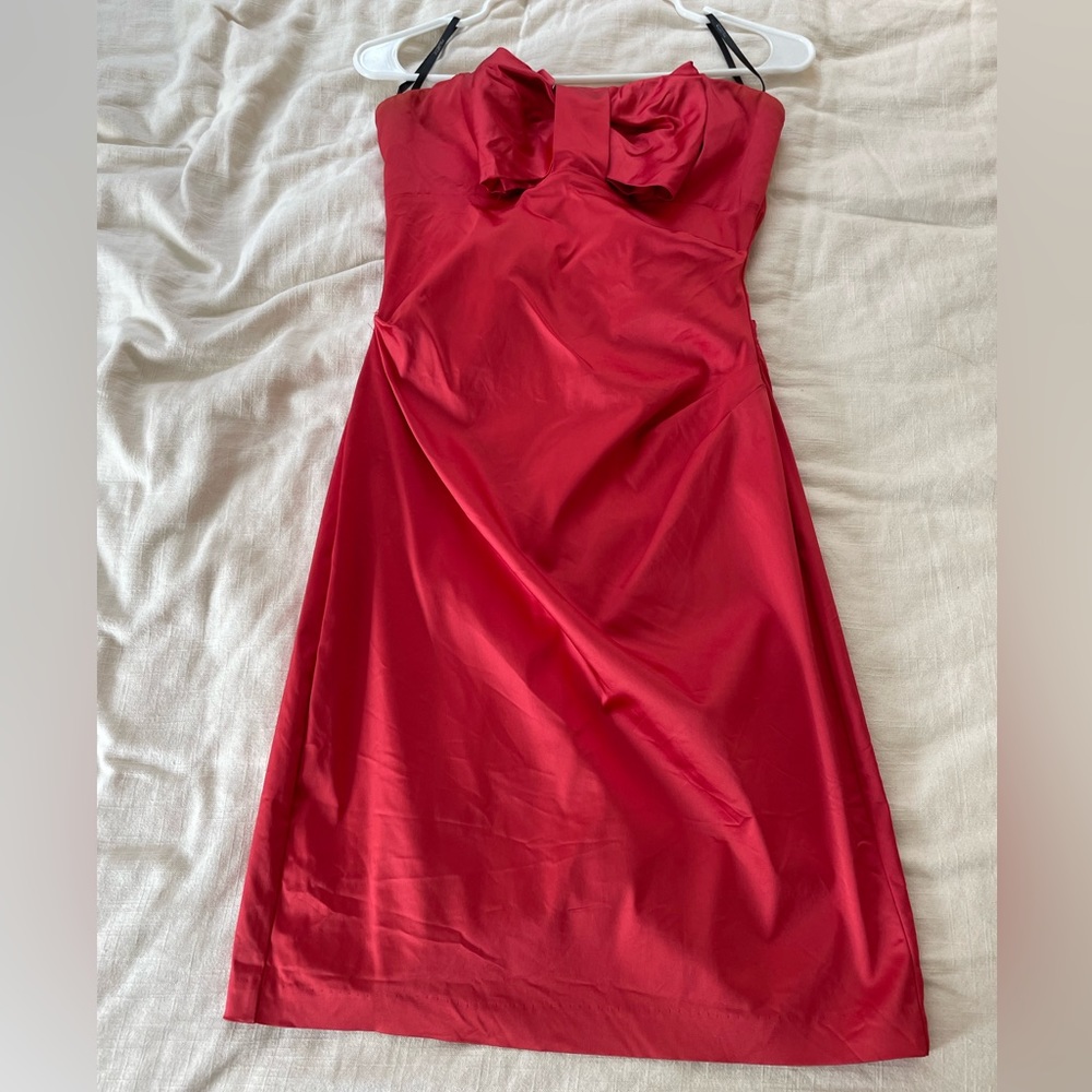 Strapless red cocktail dress with bow details